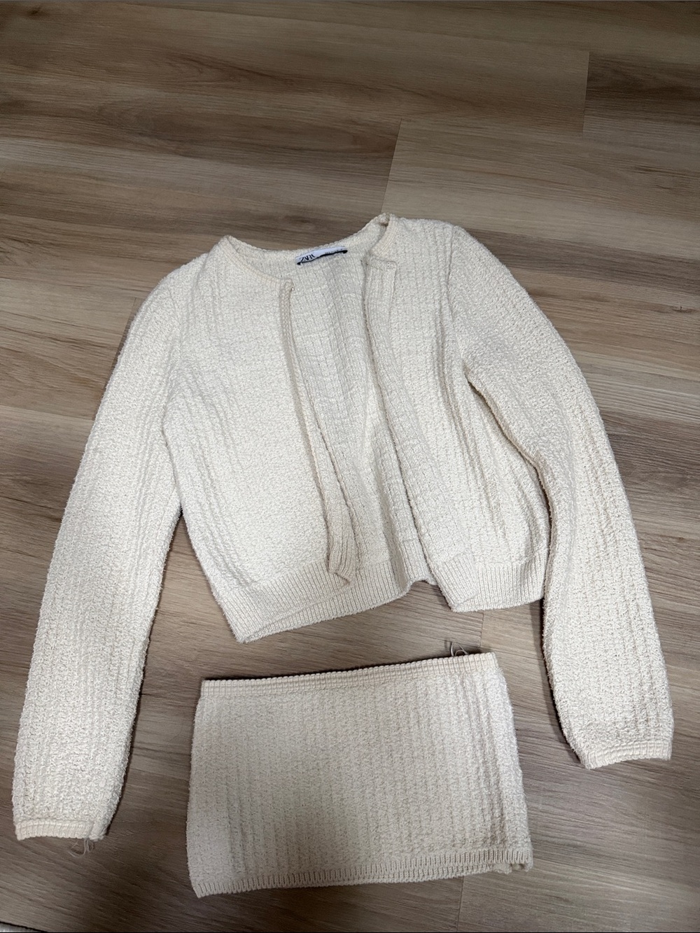 Zara Cream Textured Knit Cropped Cardigan Set